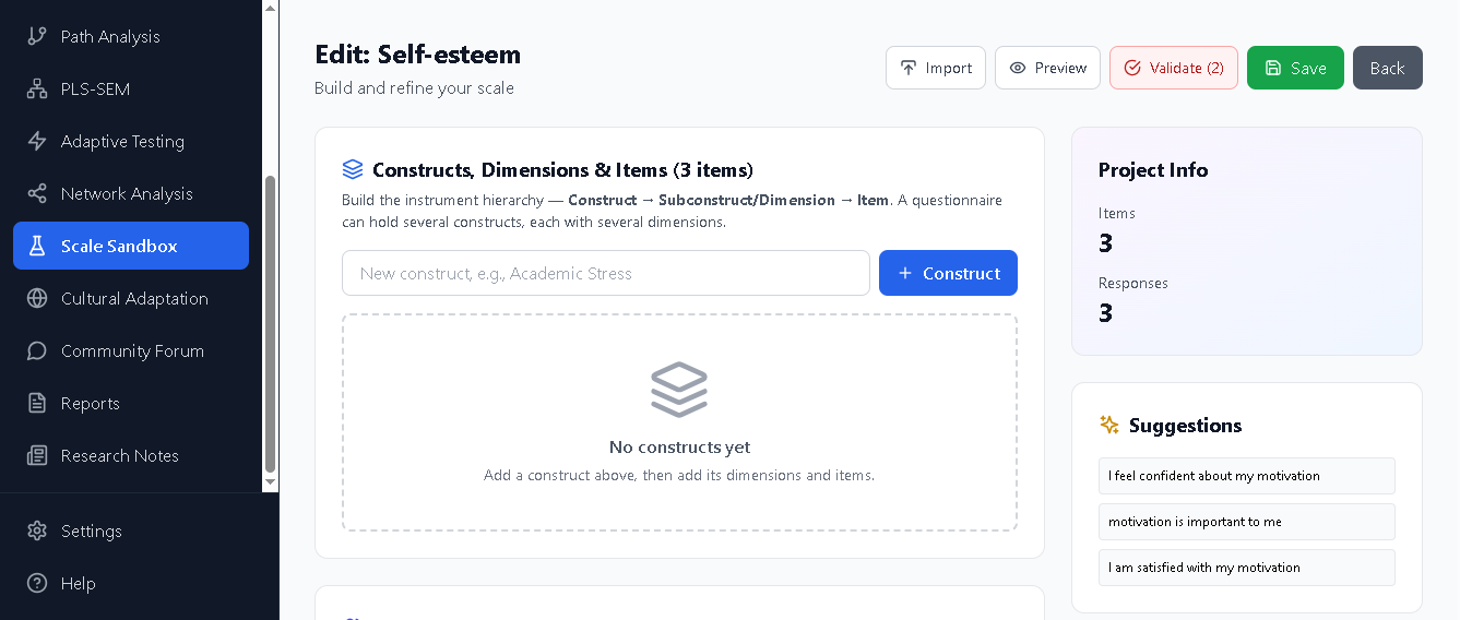 Constructs, dimensions and items editor