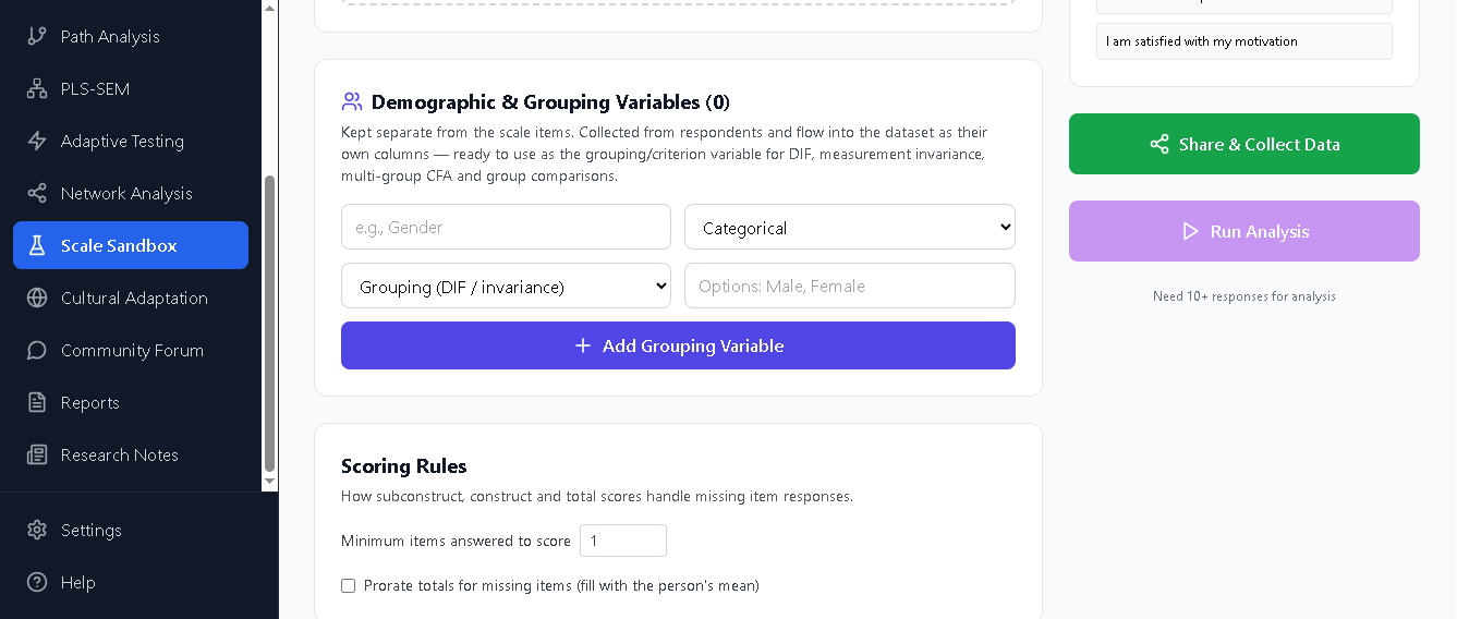 Demographic and grouping variables, scoring rules