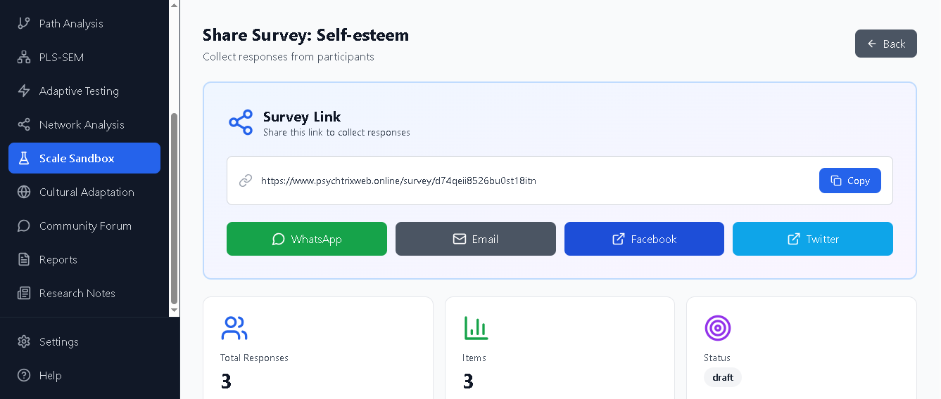 Share Survey page with link and sharing buttons